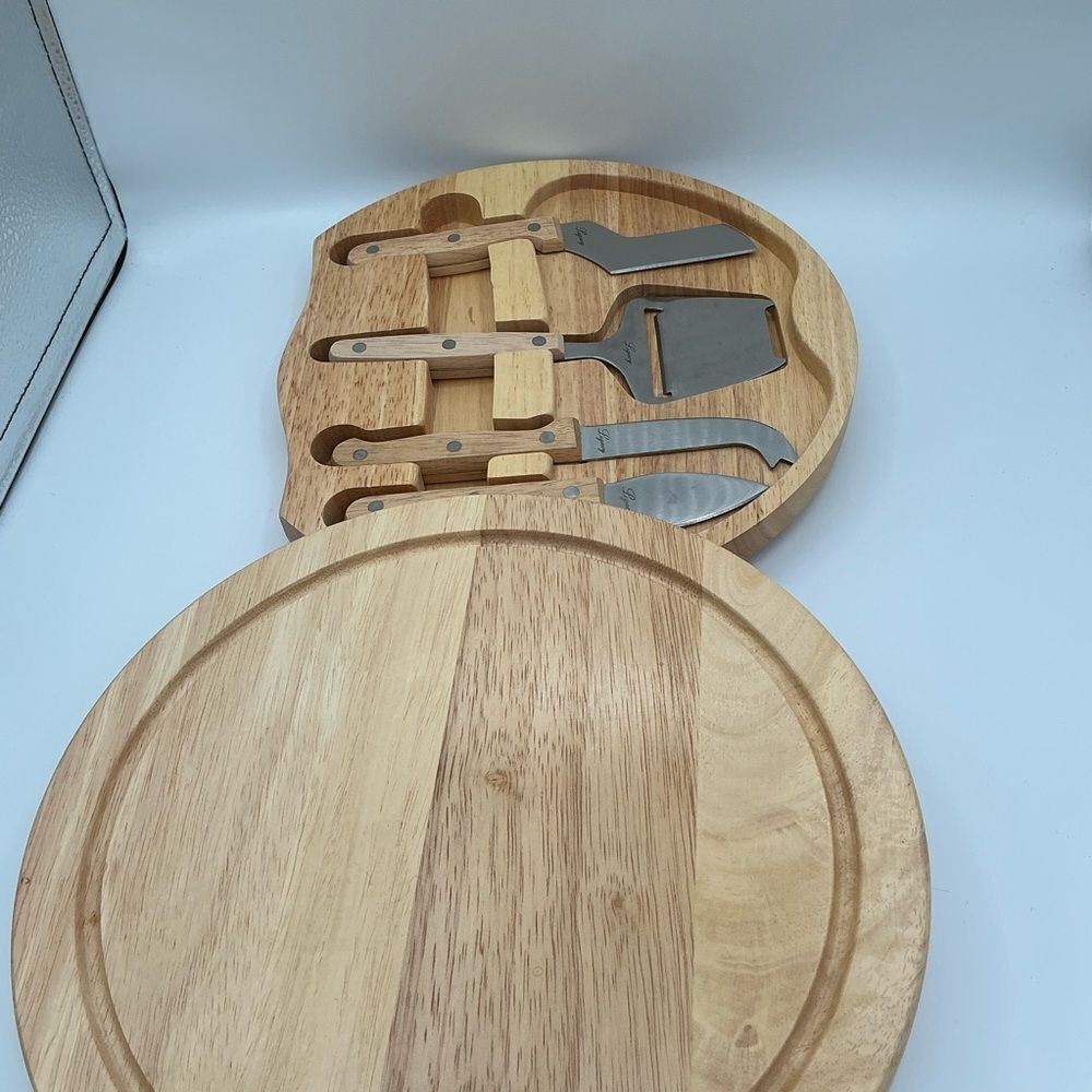 NEW Round Solid Oak Swivel Cheese Board & Knives by Legacy 5pc Set